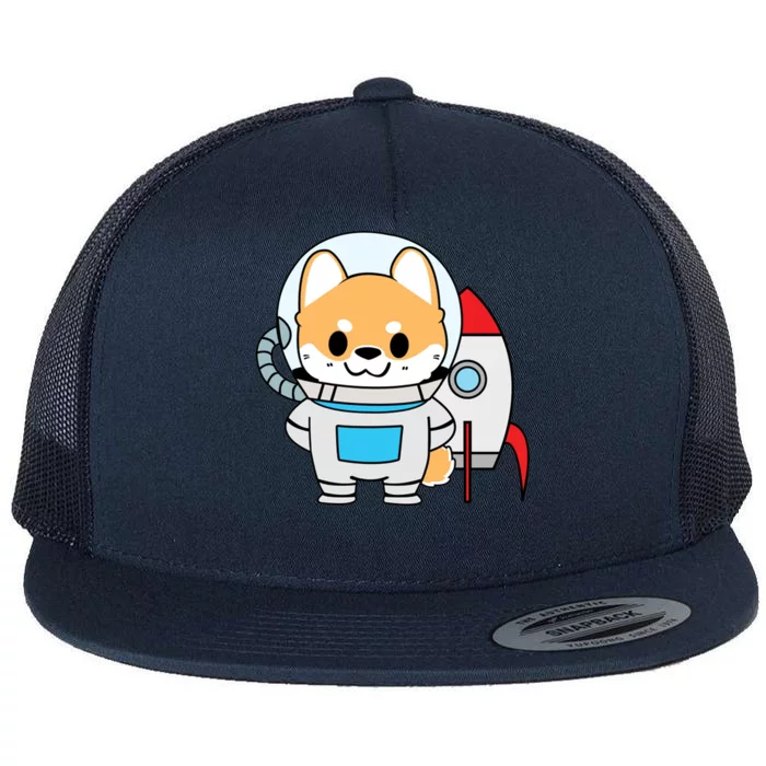 Shiba Cute Fox Rocket Ship Cartoon Flat Bill Trucker Hat