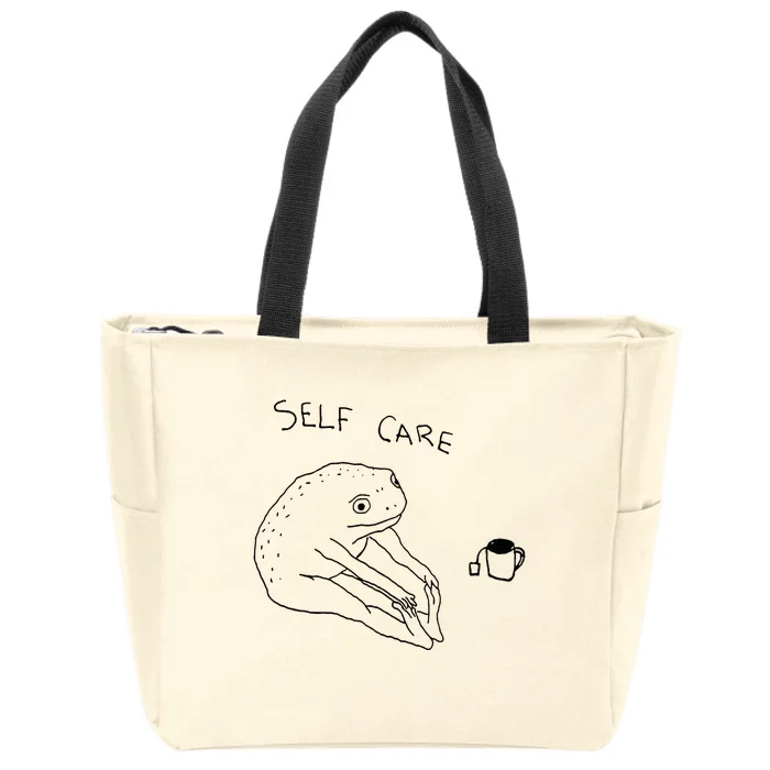 Self Care Frog Drinking Tea Zip Tote Bag