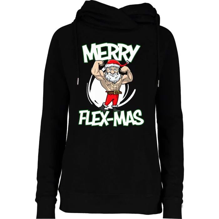 Santa Claus Flexing Merry Flex Mas Beard Funny Saying Design Womens Funnel Neck Pullover Hood