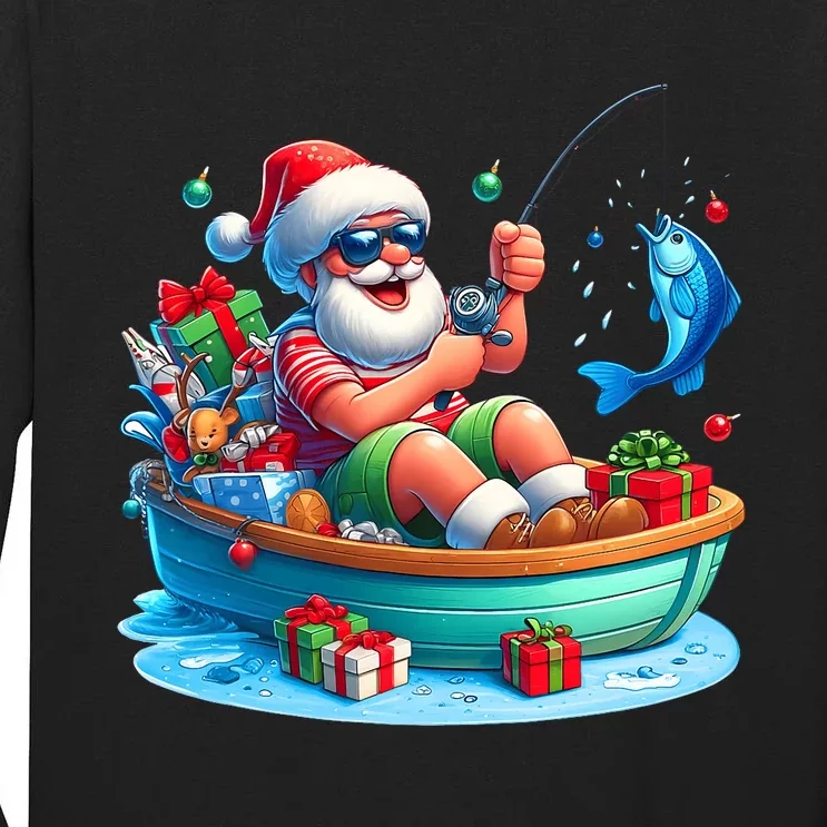 Santa Claus Fishing Christmas In July Beach River Summer Tall Long Sleeve T-Shirt