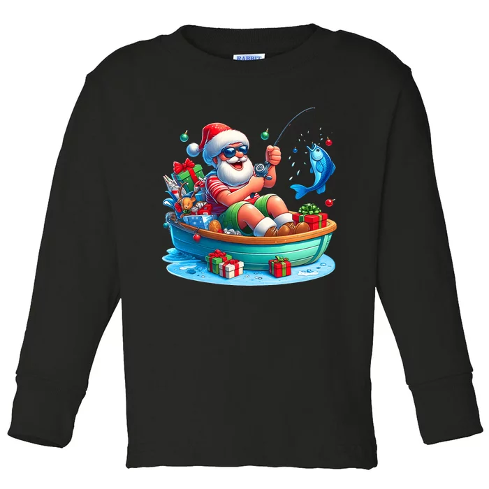 Santa Claus Fishing Christmas In July Beach River Summer Toddler Long Sleeve Shirt