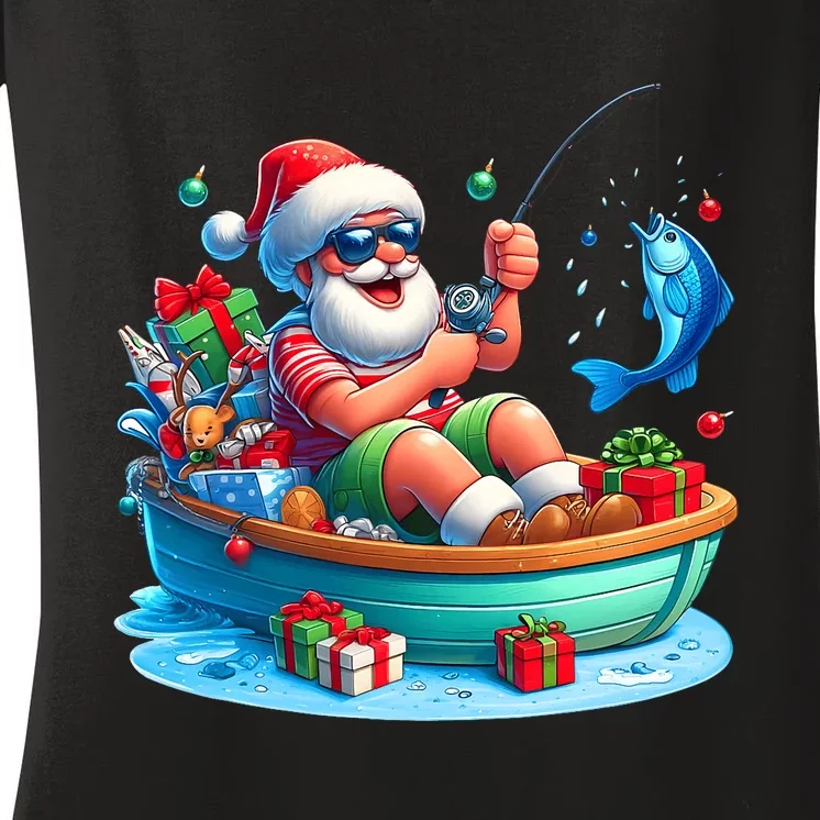 Santa Claus Fishing Christmas In July Beach River Summer Women's V-Neck T-Shirt