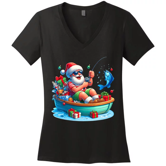 Santa Claus Fishing Christmas In July Beach River Summer Women's V-Neck T-Shirt