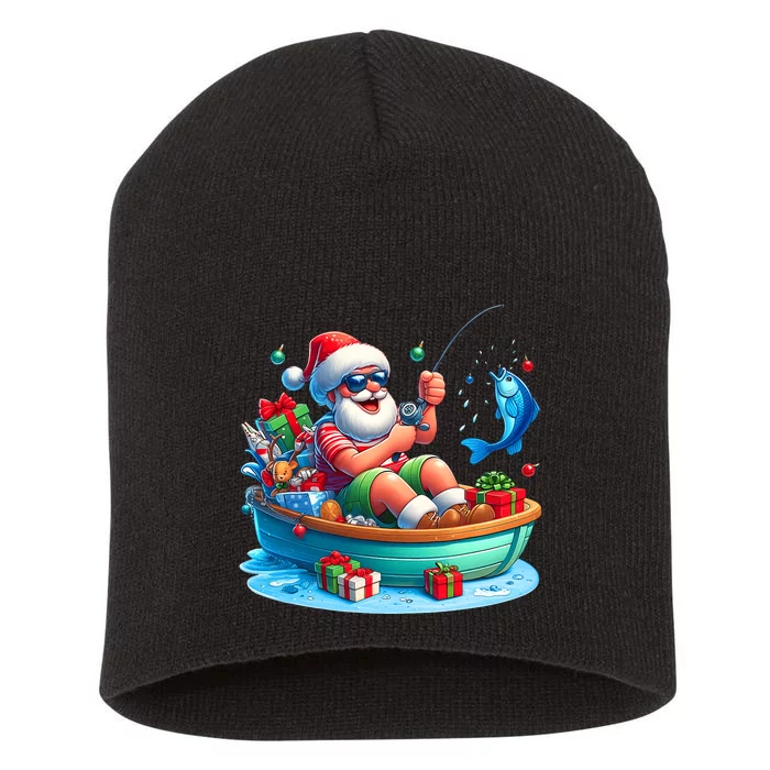 Santa Claus Fishing Christmas In July Beach River Summer Short Acrylic Beanie