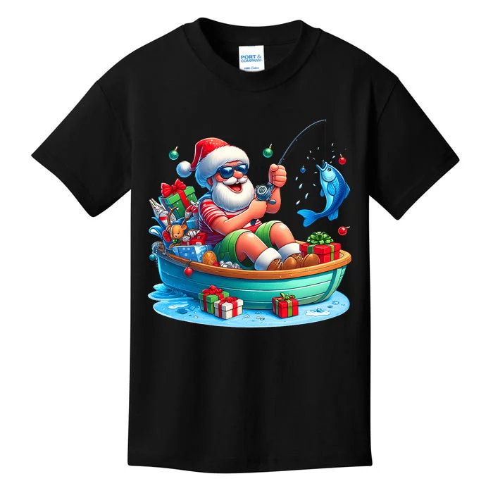 Santa Claus Fishing Christmas In July Beach River Summer Kids T-Shirt