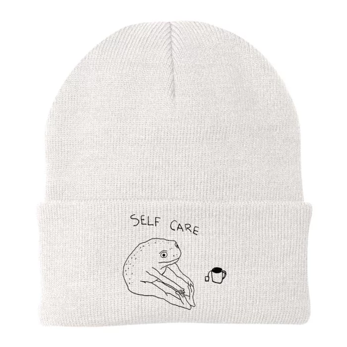 Self Care Frog Drinking Tea Knit Cap Winter Beanie