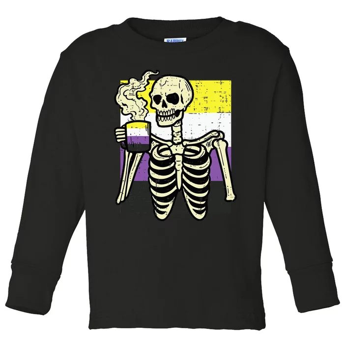 Skeleton Coffee Fun Enby Pride Flag Lgbt Toddler Long Sleeve Shirt