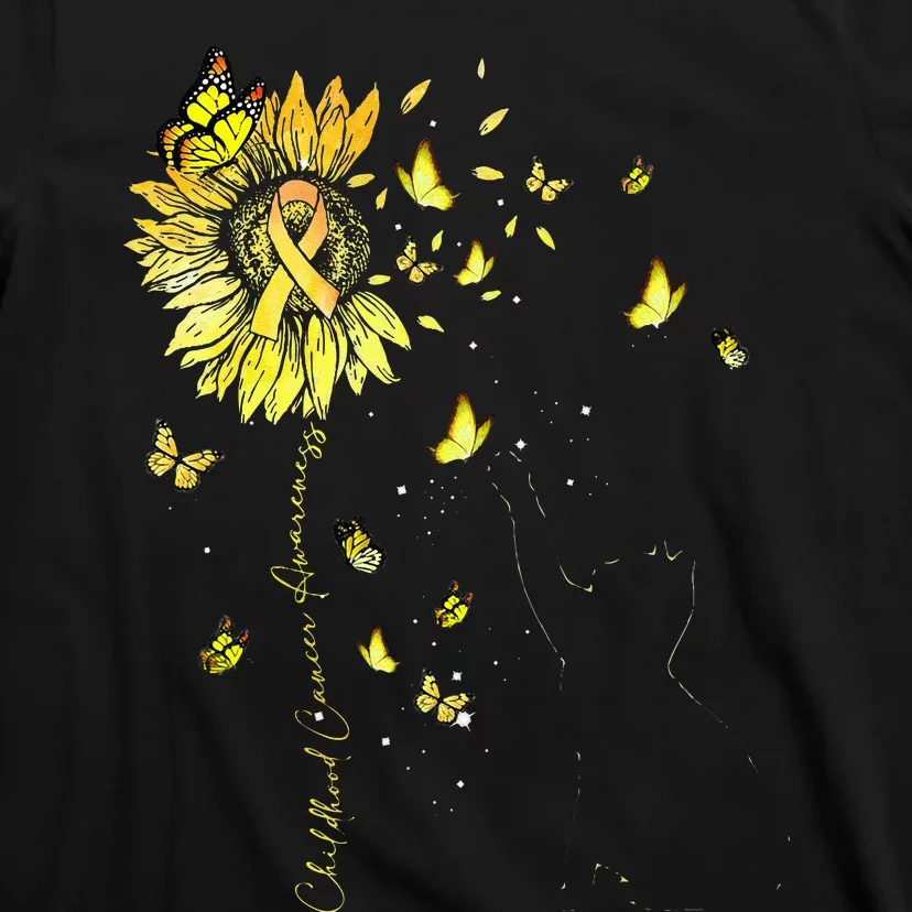 Sunflower Cat Gold Ribbon Childhood Cancer Awareness T-Shirt