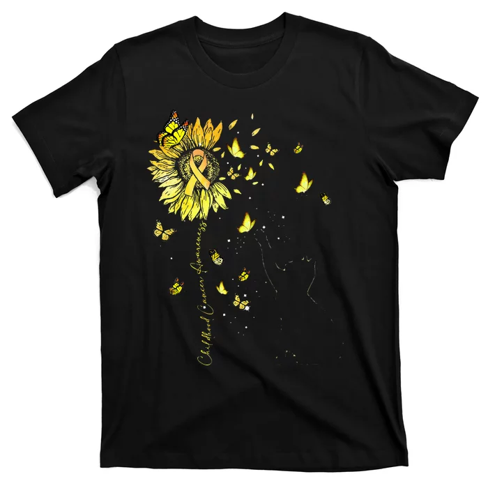 Sunflower Cat Gold Ribbon Childhood Cancer Awareness T-Shirt