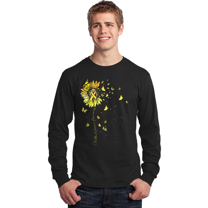 Sunflower Cat Gold Ribbon Childhood Cancer Awareness Tall Long Sleeve T-Shirt