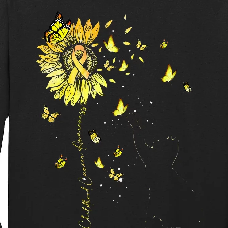 Sunflower Cat Gold Ribbon Childhood Cancer Awareness Tall Long Sleeve T-Shirt