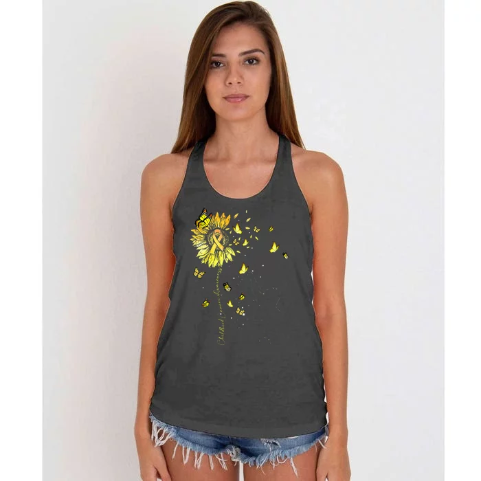 Sunflower Cat Gold Ribbon Childhood Cancer Awareness Women's Knotted Racerback Tank