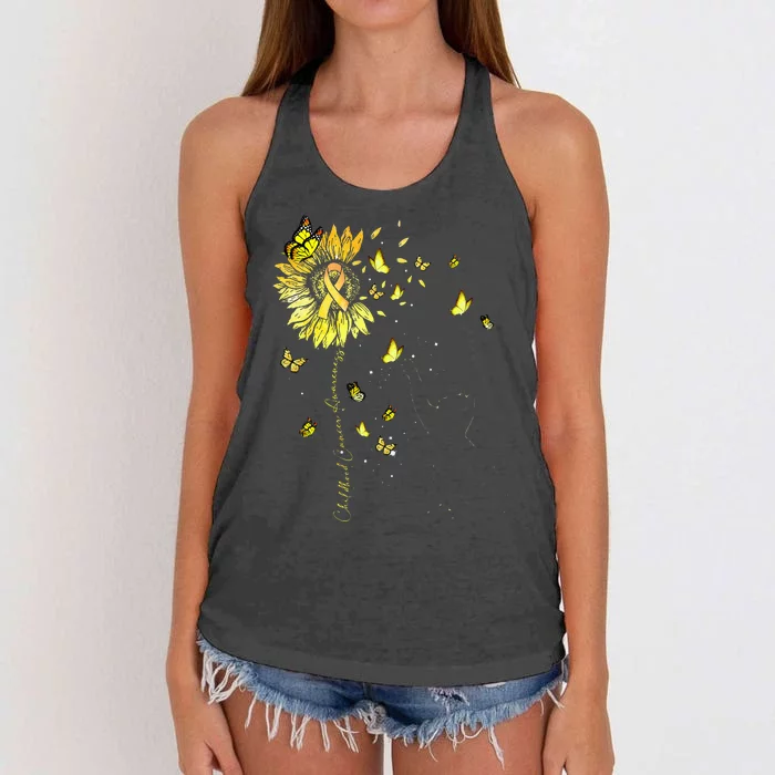 Sunflower Cat Gold Ribbon Childhood Cancer Awareness Women's Knotted Racerback Tank