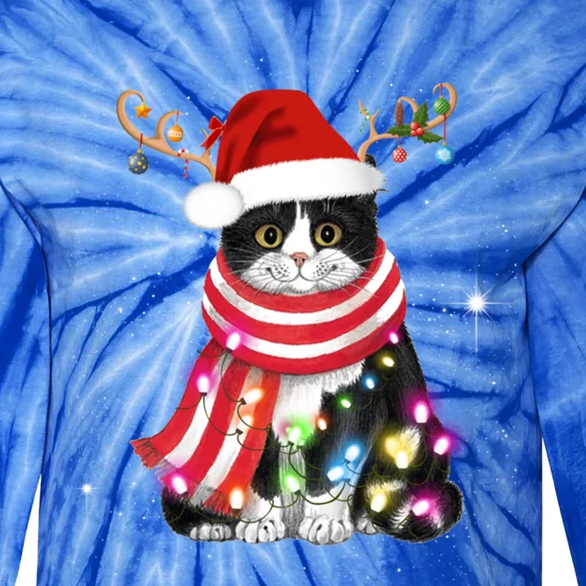 Santa Cat Gorgeous Reindeer Light Christmas Lover Gift Tie-Dye Long Sleeve Shirt