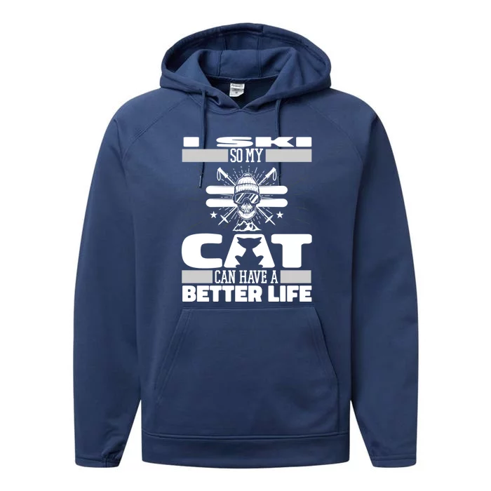 Skiing Cat Gift Winter Sports Ski Skier Meaningful Gift Performance Fleece Hoodie