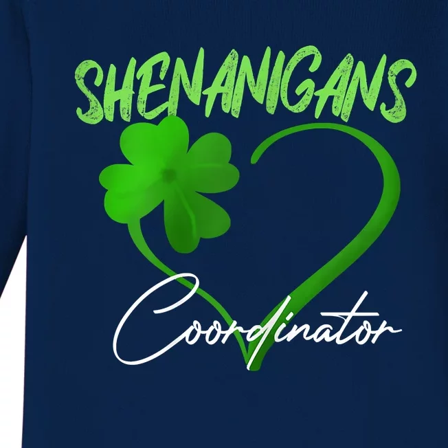 Shenanigans Coordinator Green Heart Shamrock St Patricks Day Baby Long Sleeve Bodysuit