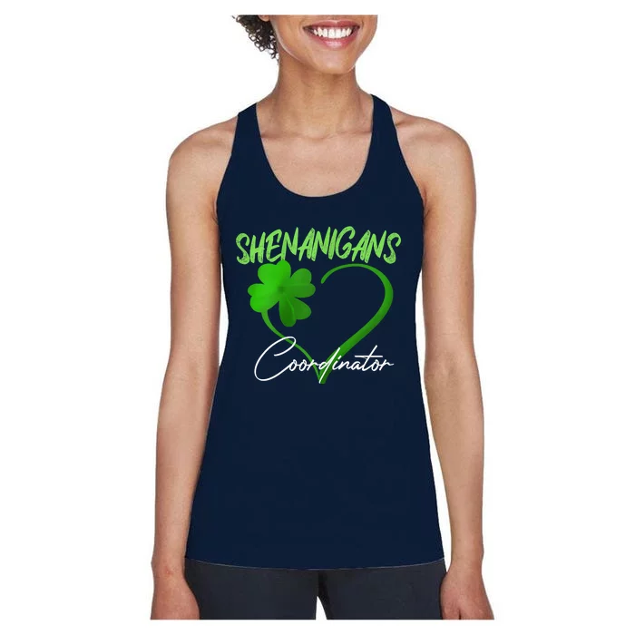 Shenanigans Coordinator Green Heart Shamrock St Patricks Day Women's Racerback Tank