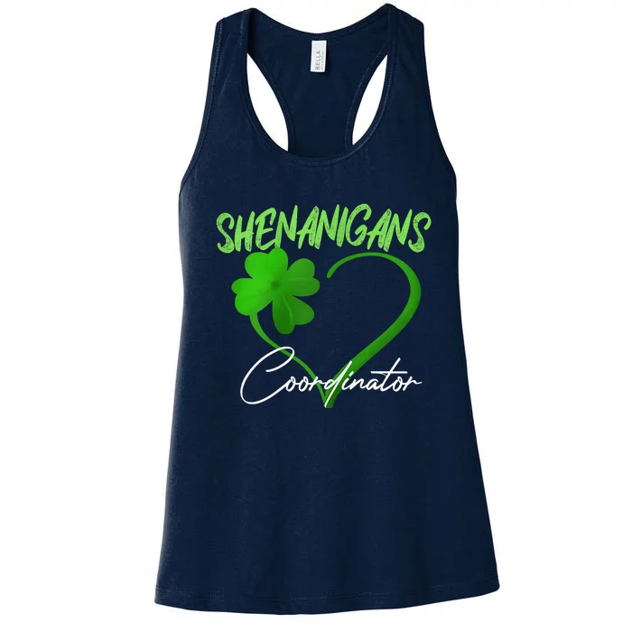 Shenanigans Coordinator Green Heart Shamrock St Patricks Day Women's Racerback Tank