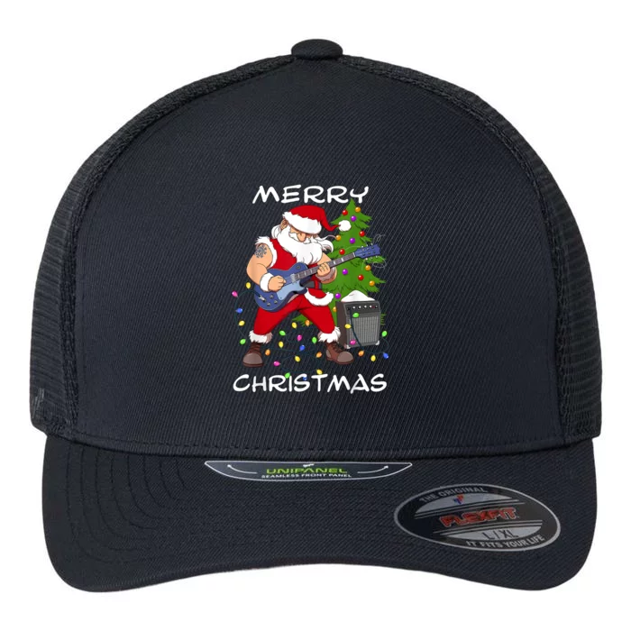 Santa Claus Guitarist Merry Christmas Guitar Flexfit Unipanel Trucker Cap