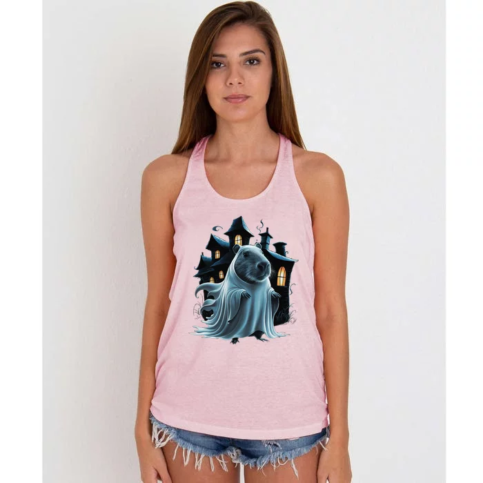 Spooky Capybara Ghost Haunted Halloween House Phantom Women's Knotted Racerback Tank