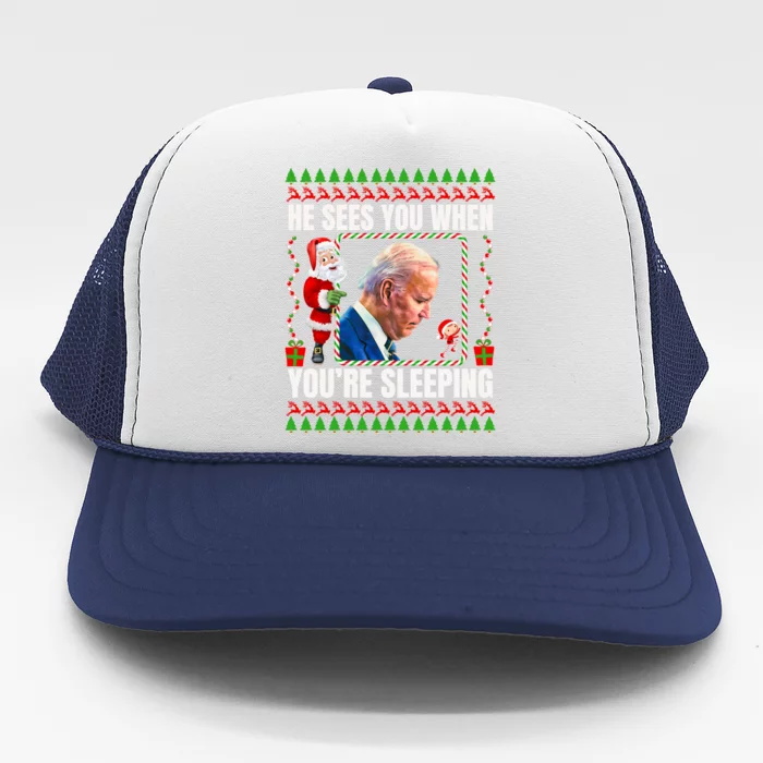 Sleepy Creepy Hidin From Joe Biden Funny Christmas Confused Gift Trucker Hat