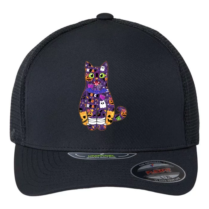 Spooky Cute Halloween Pattern Kitty Cat Flexfit Unipanel Trucker Cap