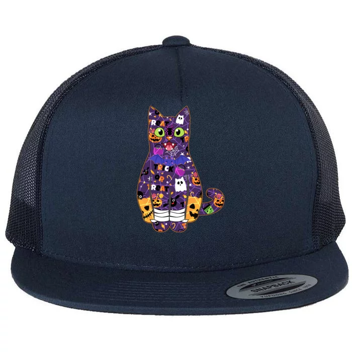 Spooky Cute Halloween Pattern Kitty Cat Flat Bill Trucker Hat