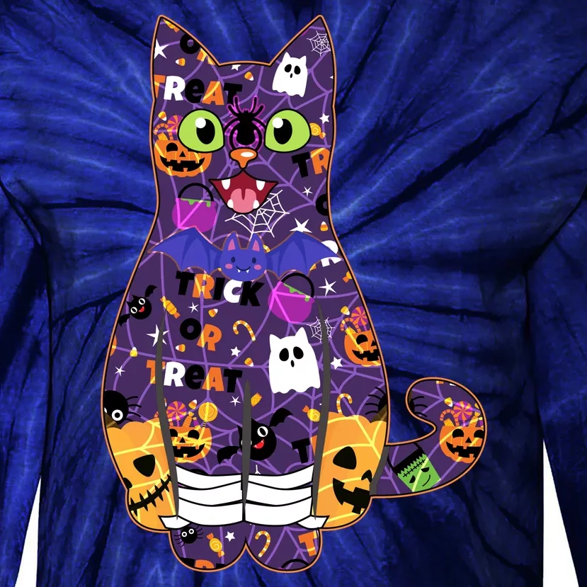 Spooky Cute Halloween Pattern Kitty Cat Tie-Dye Long Sleeve Shirt