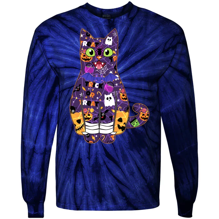 Spooky Cute Halloween Pattern Kitty Cat Tie-Dye Long Sleeve Shirt