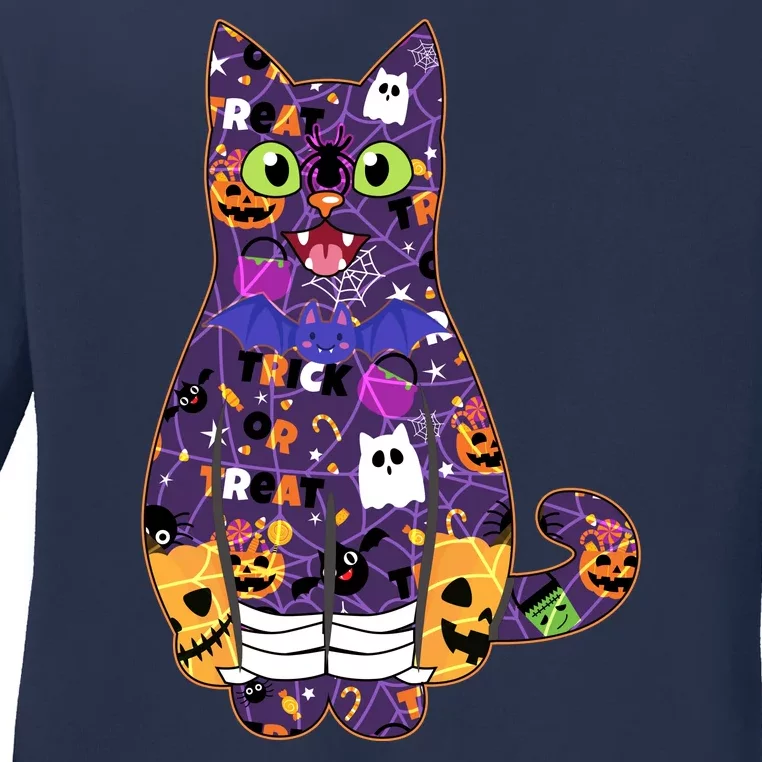 Spooky Cute Halloween Pattern Kitty Cat Ladies Long Sleeve Shirt