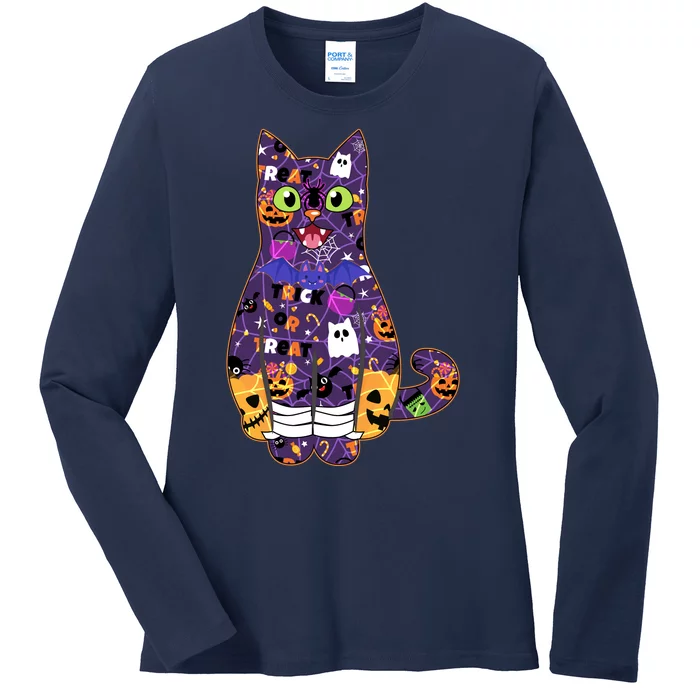 Spooky Cute Halloween Pattern Kitty Cat Ladies Long Sleeve Shirt