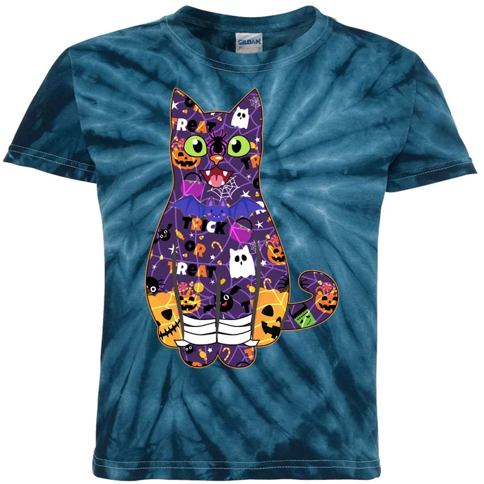 Spooky Cute Halloween Pattern Kitty Cat Kids Tie-Dye T-Shirt