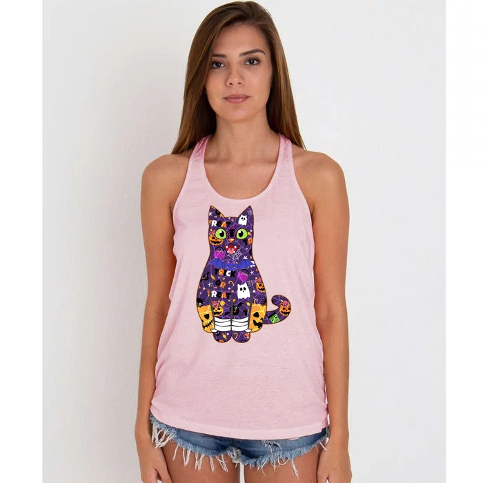 Spooky Cute Halloween Pattern Kitty Cat Women's Knotted Racerback Tank