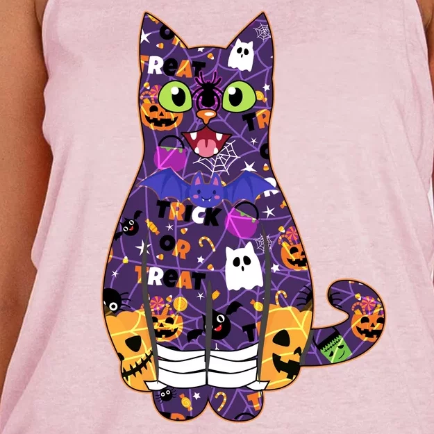 Spooky Cute Halloween Pattern Kitty Cat Women's Knotted Racerback Tank