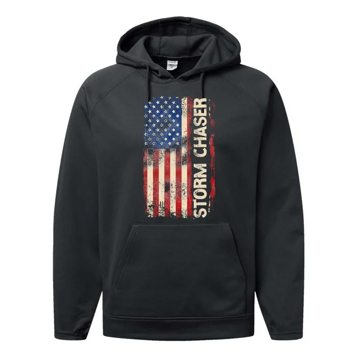 Storm Chaser Hurricane Meteorology Tornado Usa American Flag Performance Fleece Hoodie