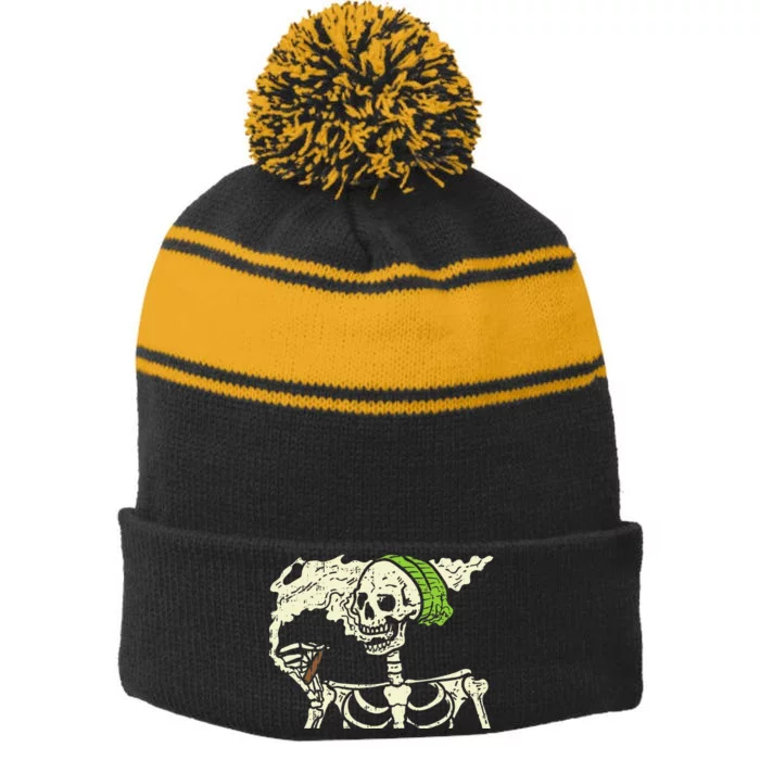 Spooky Cannabis Halloween Hilarious Smoking Skeleton Design Stripe Pom Pom Beanie