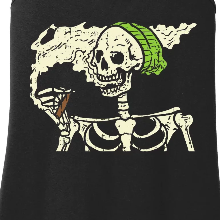 Spooky Cannabis Halloween Hilarious Smoking Skeleton Design Ladies Essential Tank