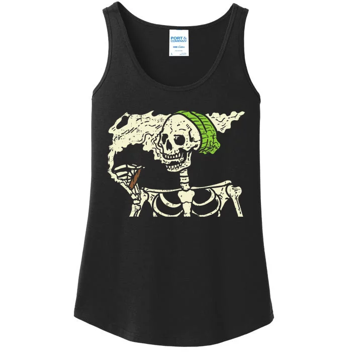 Spooky Cannabis Halloween Hilarious Smoking Skeleton Design Ladies Essential Tank