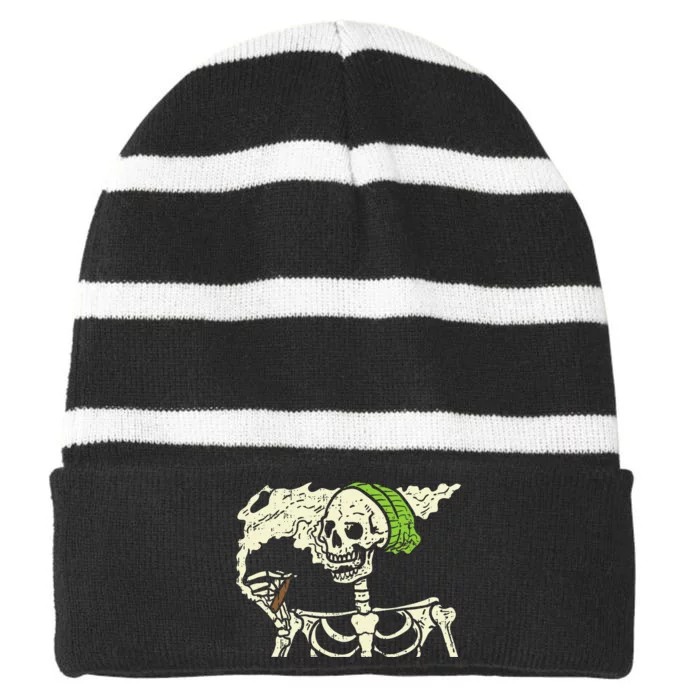 Spooky Cannabis Halloween Hilarious Smoking Skeleton Design Striped Beanie with Solid Band