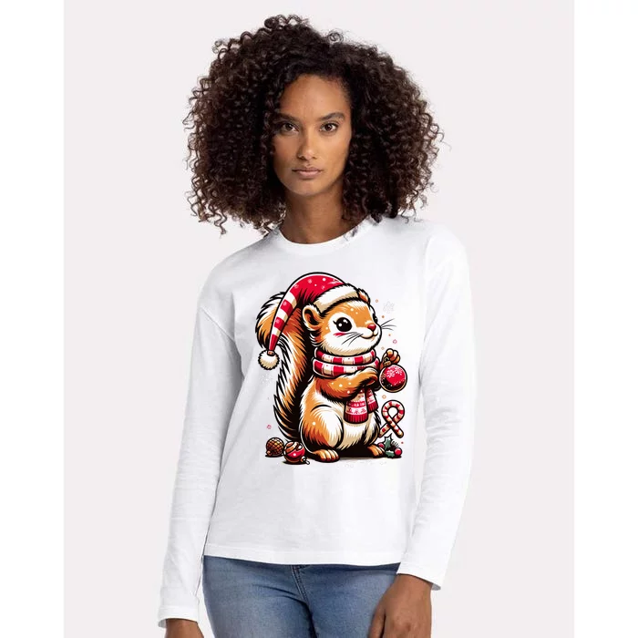 Squirrel Christmas Hat Santa Lights Squirrels Lover Xmas Womens Cotton Relaxed Long Sleeve T-Shirt