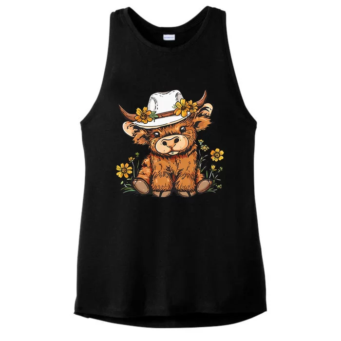 Scottish Cute Highland Cow Cattle Hairy Cow Flowers Ladies Tri-Blend Wicking Tank