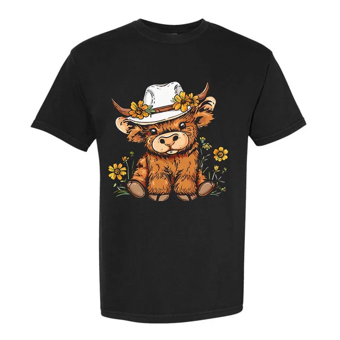 Scottish Cute Highland Cow Cattle Hairy Cow Flowers Garment-Dyed Heavyweight T-Shirt