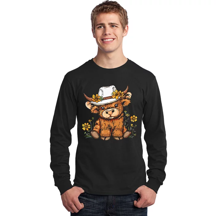 Scottish Cute Highland Cow Cattle Hairy Cow Flowers Long Sleeve Shirt