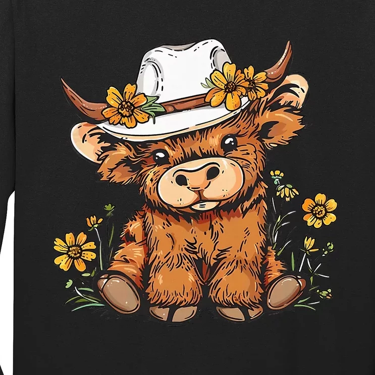 Scottish Cute Highland Cow Cattle Hairy Cow Flowers Long Sleeve Shirt