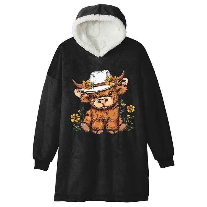 Scottish Cute Highland Cow Cattle Hairy Cow Flowers Hooded Wearable Blanket