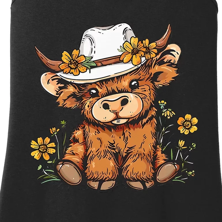 Scottish Cute Highland Cow Cattle Hairy Cow Flowers Ladies Essential Tank