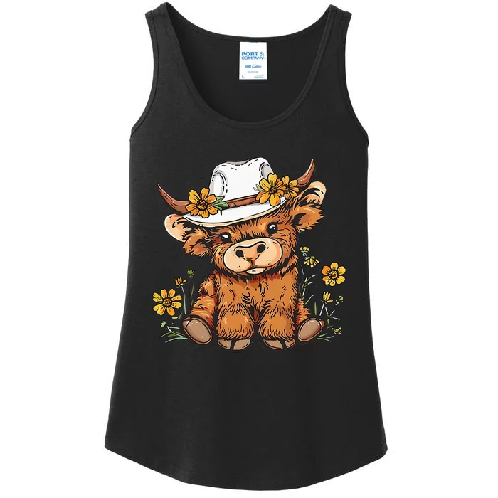 Scottish Cute Highland Cow Cattle Hairy Cow Flowers Ladies Essential Tank