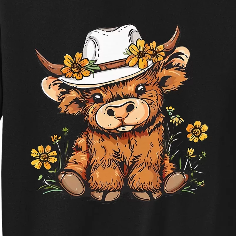 Scottish Cute Highland Cow Cattle Hairy Cow Flowers Tall Sweatshirt