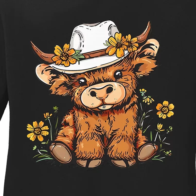 Scottish Cute Highland Cow Cattle Hairy Cow Flowers Ladies Long Sleeve Shirt