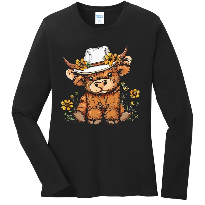 Scottish Cute Highland Cow Cattle Hairy Cow Flowers Ladies Long Sleeve Shirt